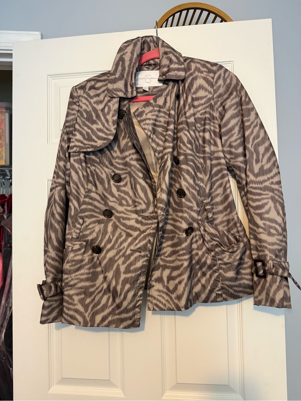 Jessica Simpson Taupe & Cream Zebra-Print Double-Breasted Trench Coat